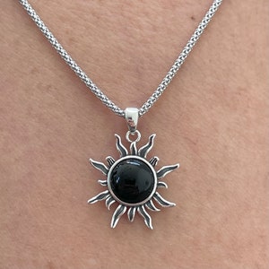 Blazing Black Agate Sun Sterling Silver Necklace - Silver Chain - Sunshine Necklace - Onyx Pendant - Silver Necklace - Sun Pendant
