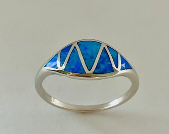 Sterling Silver Zigzag Blue Lab Opal Ring, Boho Ring, Statement Ring, Opal Ring, Love Ring, Ocean Blue Ring