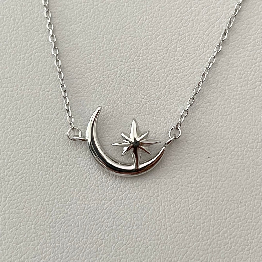 Sterling Silver Crescent Moon and Star Necklace: Celestial Pendant - Etsy