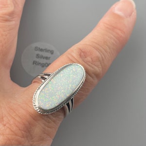 Large White Lab Opal Sterling Silver Ring - October Birthstone
