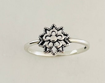 Sterling Silver Mandala Flower Ring: Spiritual Boho Jewelry