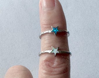 Sterling Silver Star Ring: Blue or White Lab Opal Celestial Jewelry