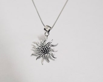 Oxidized Sterling Silver Sun Pendant Necklace - Lotus Flower Design