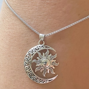 Filigree Sun and Moon Sterling Silver Pendant Necklace