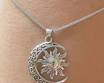 Filigree Sun and Moon Sterling Silver Pendant Necklace