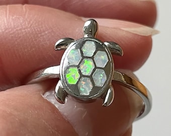 Sterling Silver Turtle Ring: White or Blue Lab Opal, Ocean Jewelry