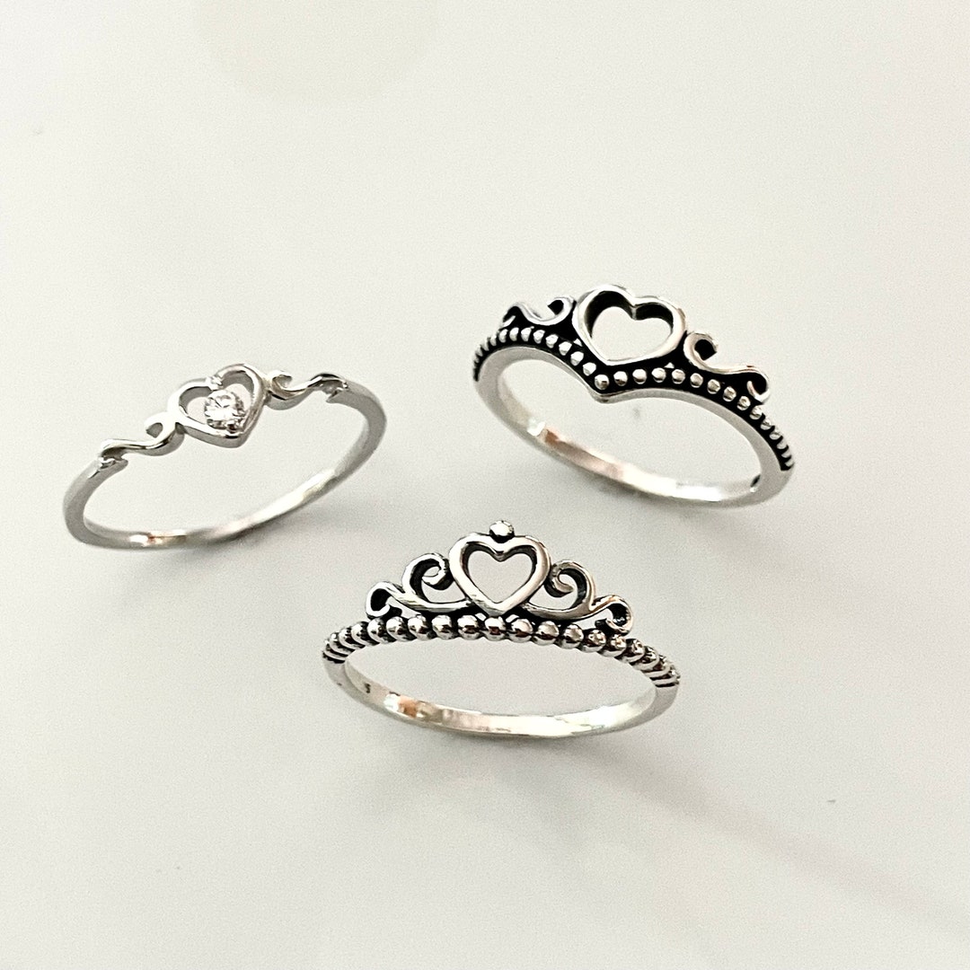 Sterling Silver Heart Ring Crown Heart Ring Side Swirls Etsy