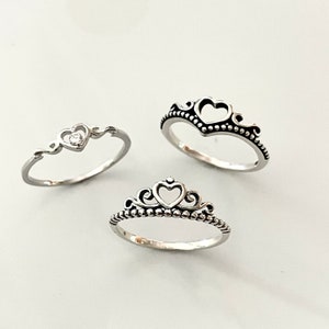 Sterling Silver Crown Heart Ring: CZ Accent, Oxidized Finish