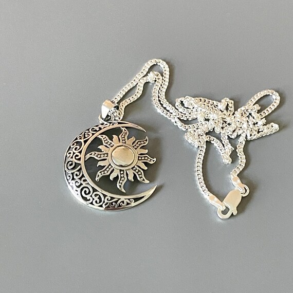 Large Filigree Blazing Sun and Moon Sterling Silver Pendant