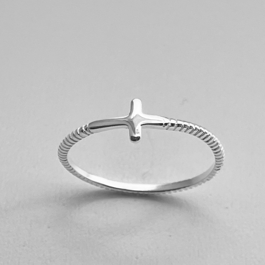 Dainty Sideway Cross Sterling Silver Rope Band Ring, Religious Ring