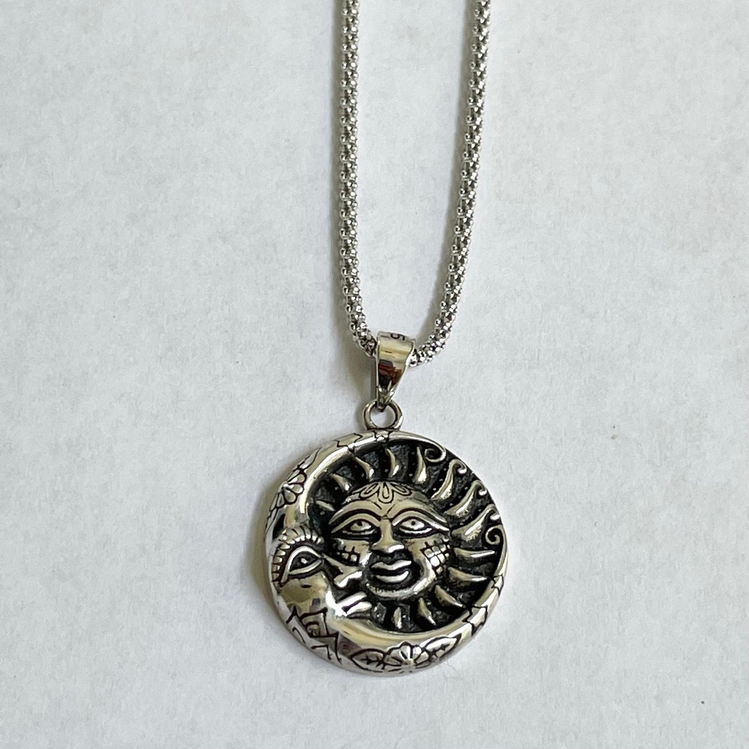 Sterling Silver Moon and Sun Face Pendant Necklace - Italian Chain - Etsy