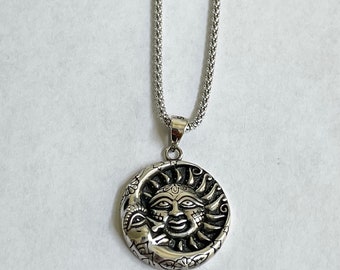 Sterling Silver Moon and Sun Face Pendant Necklace - Italian Chain