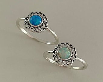 Sterling Silver Mandala Ring: White or Blue Lab Opal Floral Ring