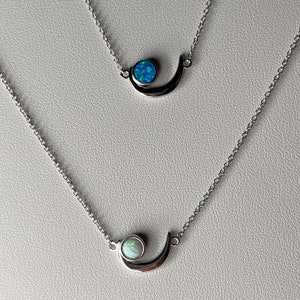 Sterling Silver Cresent Moon with Lab Fire Opal or Lab Blue Opal Sun Pendant and Necklace, Moon Necklace, Opal Pendant, Silver Necklace.