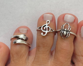Sterling Silver Toe Rings: Hugs, Spider, Music Note