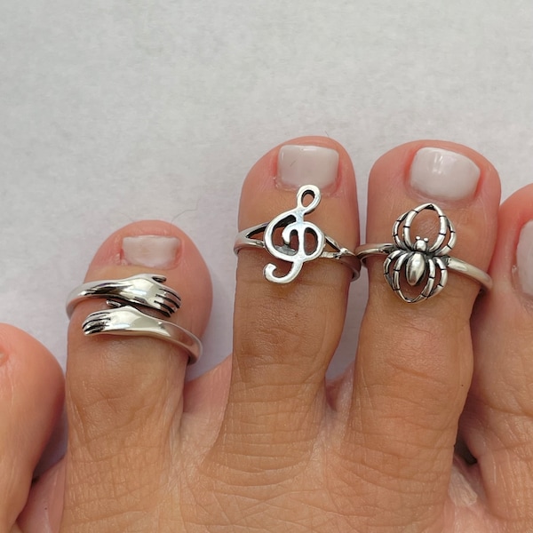 Sterling Silver Toe Rings: Hugs, Spider, Music Note