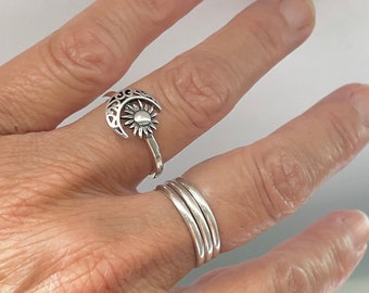 Filigree Moon and Sun Sterling Silver Ring, Silver Sunflower