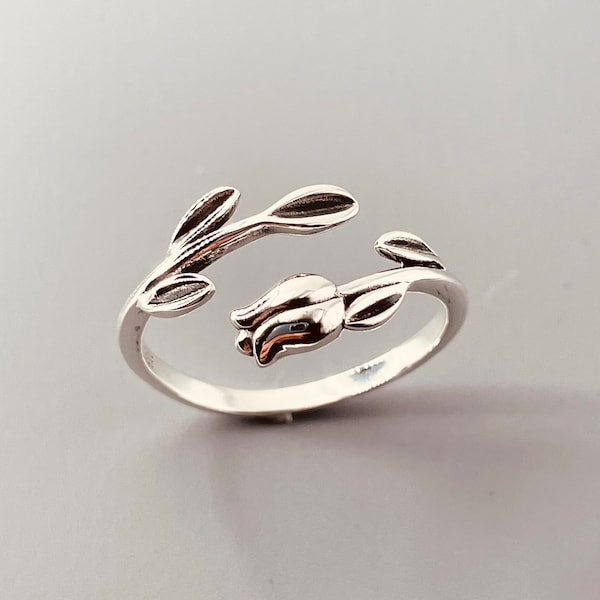 Sterling Silver Tulip Ring: Dainty Floral Band, Oxidized Finish