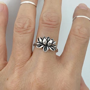 Oxidized Sterling Silver Lotus Flower Ring: Dainty Yoga Jewelry