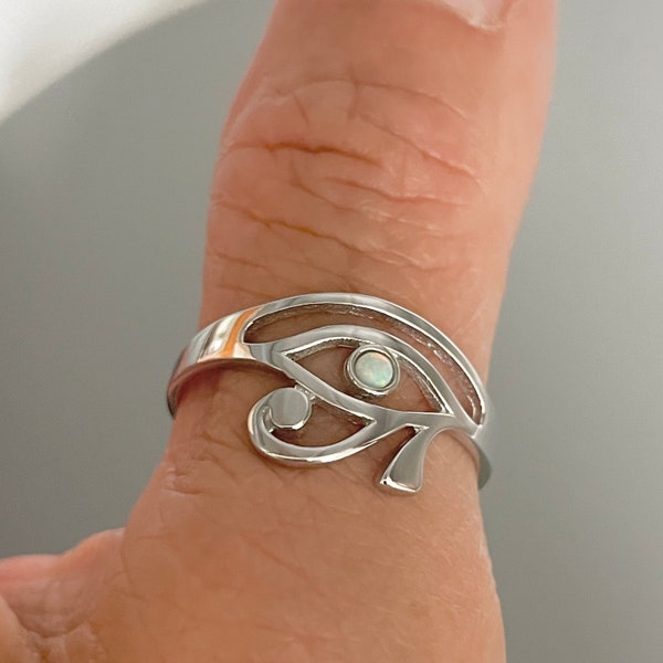 Sterling Silver Fire Opal Eye of Horus Ring - Egyptian Ra Protection