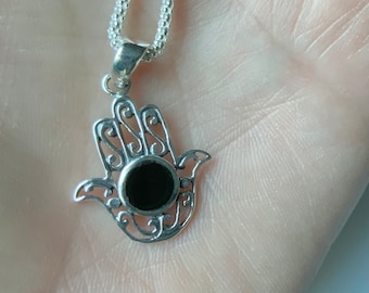 Sterling Silver Hamsa Pendant Necklace: Black Agate Hand of God