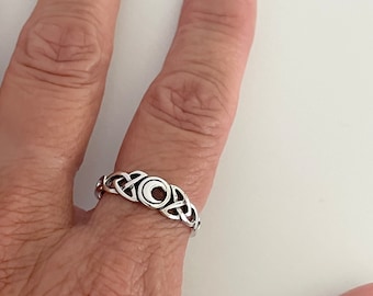 Sterling Silver Celtic Knot Ring: Small Crescent Moon, Delicate Band