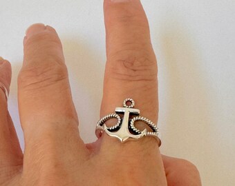 Sterling Silver Anchor Ring with Rope Band - Unisex Nautical Jewelry