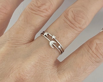 Sterling Silver Moon and Star Ring: Celestial Boho Jewelry