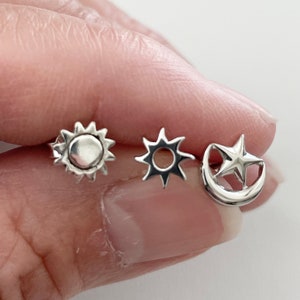 Dainty Sterling Silver Celestial Stud Earrings: Sun, Star & Moon