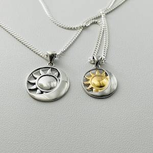Sonne und Mond Gold oder Sterling Silber Halskette, Sun Silber Anhänger, Gold und Silber Sonne und Mond Silber Halskette, Halbmond Anhänger.