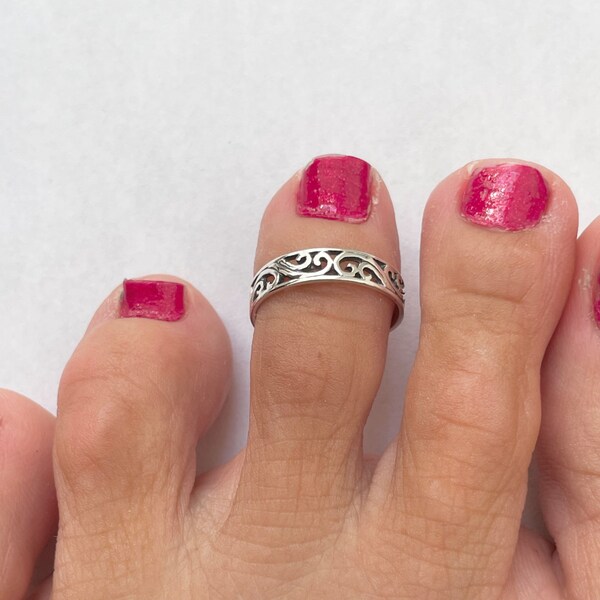 Anillo de plata de ley con filigrana y espiral para el dedo del pie - Banda bohemia ajustable