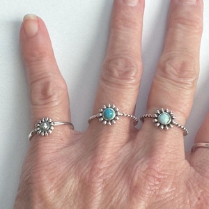 Sterling Silver Daisy Ring: Lab Opal or Turquoise Flower Ring