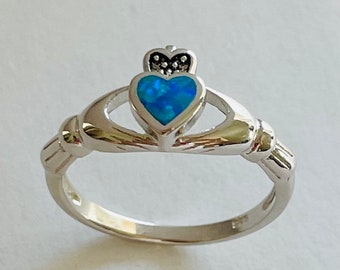Blue Opal Claddagh Sterling Silver Ring, Irish Ring, Opal Ring, Loyalty Ring, Claddagh Ring, Promise Ring, Friendship Ring