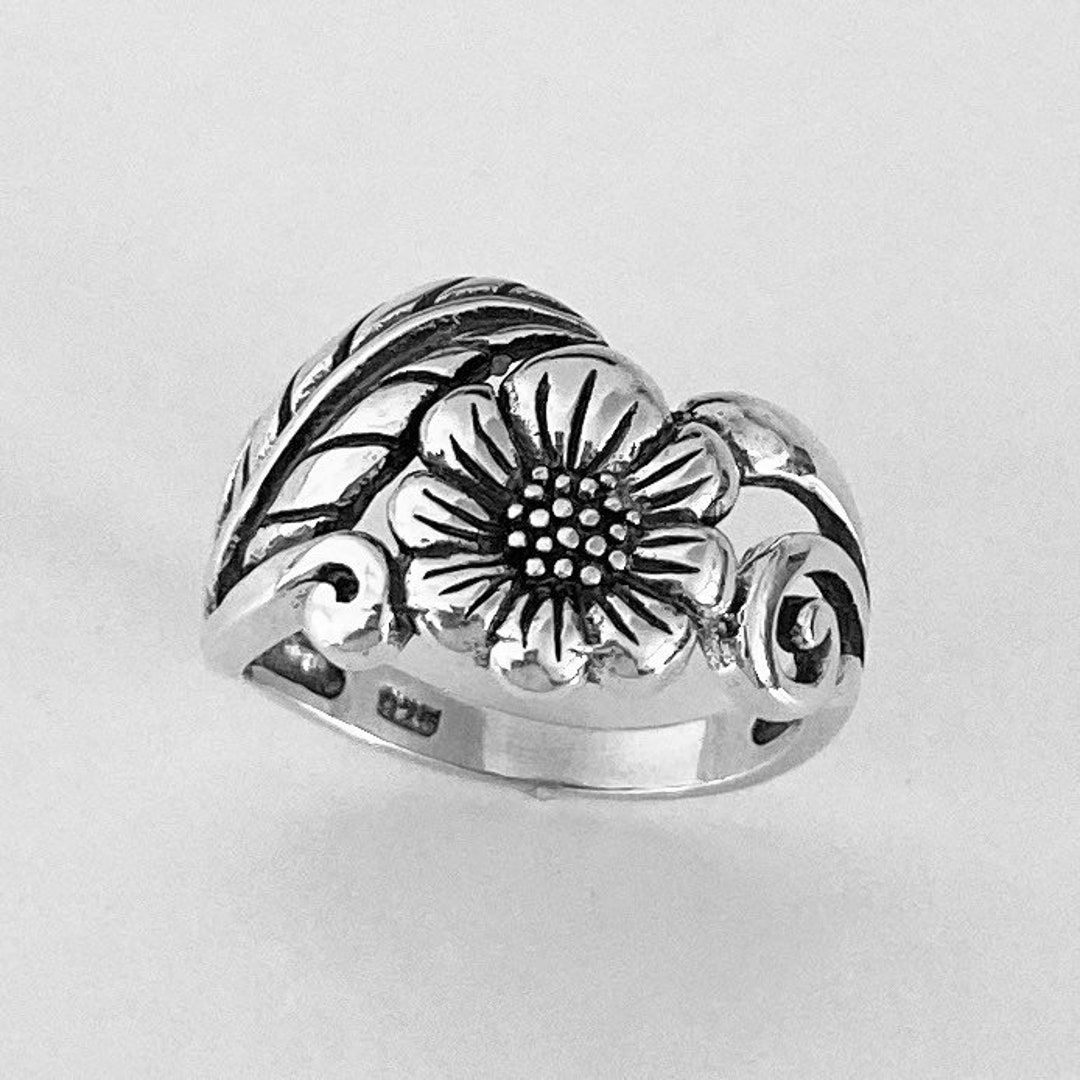 Sterling Silver Large Sunflower Ring With Leaf, Silver Boho Ring, Silver Sunflower Ring, Large