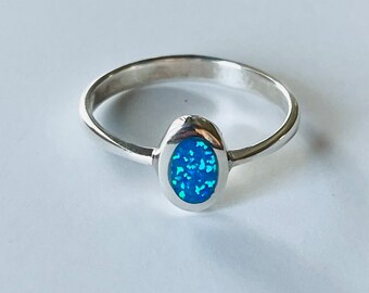 Sterling Silver Oval Blue Lab Opal Ring: Boho Solitaire