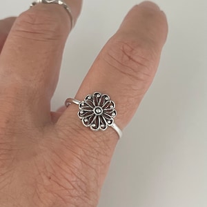 Sterling Silver Mandala Flower Ring: Spiritual Boho Jewelry