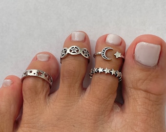 Sterling Silver Star & Moon Toe Rings: Celestial Jewelry