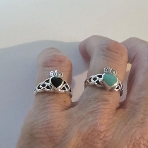Sterling Silver Claddagh Ring: Turquoise or Black Agate Celtic Heart
