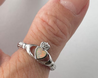 Claddagh Fire Opal Sterling Silver Ring, Irish Ring, Silver Heart Ring, Claddagh Ring, Religious Ring, Opal Ring, Silver Ring, Promise Ring