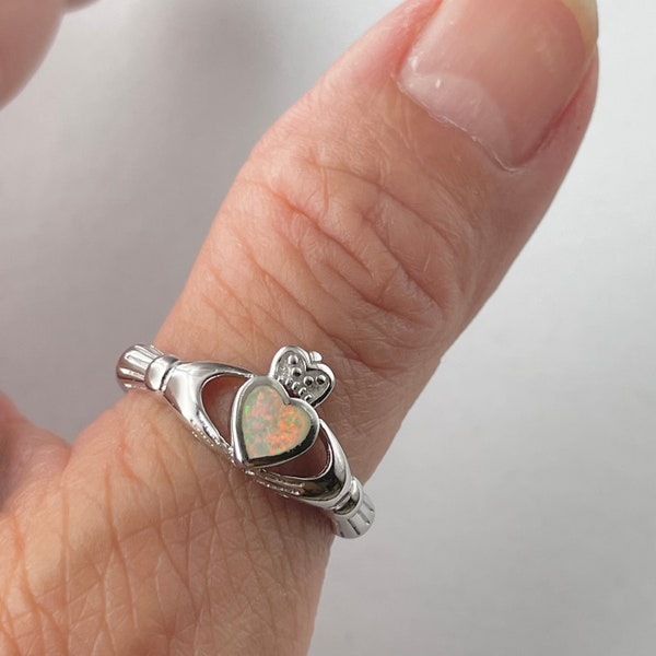 Claddagh Fire Opal Sterling Silver Ring, Irish Ring, Silver Heart Ring, Claddagh Ring, Religious Ring, Opal Ring, Silver Ring, Promise Ring