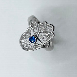 Sterling Silver Hamsa small Blue Sapphire Ring, Hand of God Ring, Hamsa Hand Silver Ring, Protective Silver Ring, Silver Blue Sapphire Ring