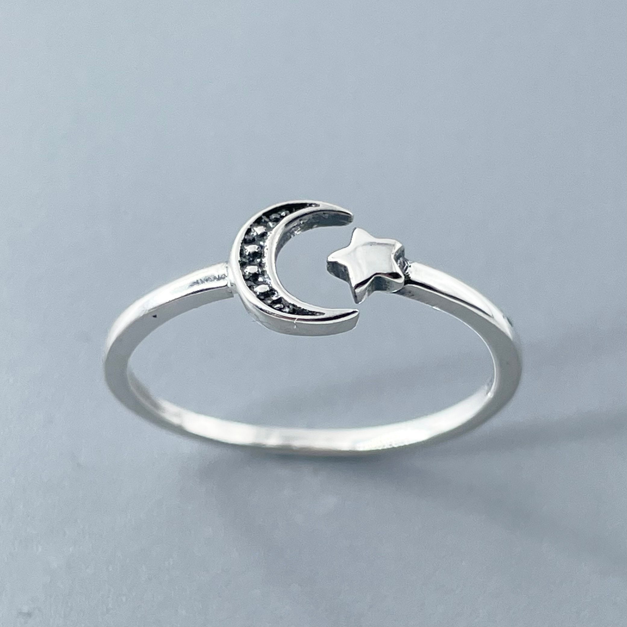 Sterling Silver Star Moon Adjustable Ring, Tiny Crescent