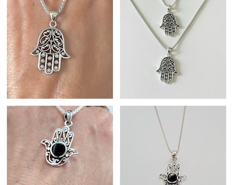 Hamsa or Hamsa Agate Sterling Silver Pendant Necklace, Hand of God Pendant, Silver Hamsa Necklace, Black Agate Hamsa Pendant, Love Necklace