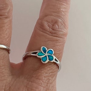Sterling Silver Blue Lab Opal Plumeria Ring: Hawaiian Flower Jewelry