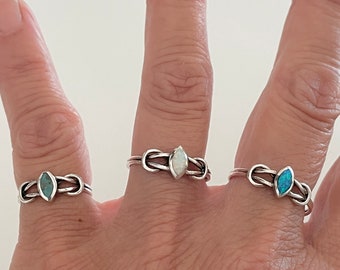 Sterling Silver Love Knot Blue, White Opal, Genuine Turquoise Ring, Dainty Ring, Diamond Shape Ring, Opal Ring, Turquoise Ring, Silver Ring.