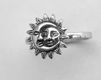 Oxidized Square Nugget Sun Moon Ring – .925 Sterling Silver Band, Sizes 5-10, Bohemian Style Jewelry