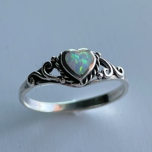 Sterling Silver White Lab Opal Heart Ring: Swirl Boho Ring