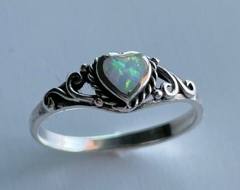 Sterling Silver White Lab Opal Heart Ring: Swirl Boho Ring