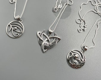 Sterling Silver Triskelion Moon & Eye of Horus Necklace