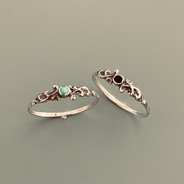Sterling Silver Dainty Swirly Bail Genuine Turquoise or Black Agate Ring, Silver Ring, Dainty Ring, Turquoise Ring, Black Onyx Ring